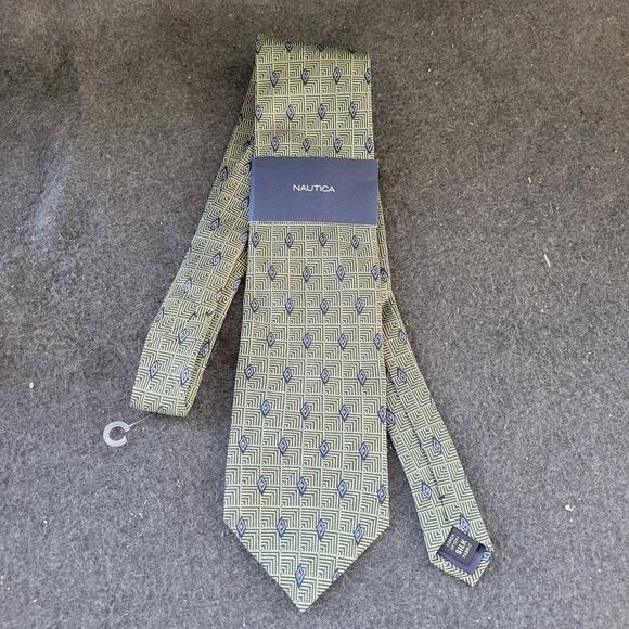 Nautica Green Silk Tie Woven Geometric Wide - Picture 1 of 5